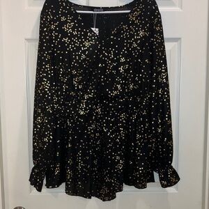 BloomChic Black Gold Metallic Star Peplum Blouse V Neck Long Sleeve Holiday Plus